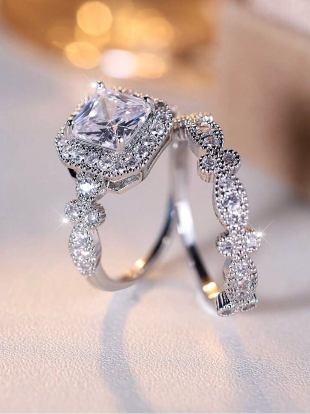 Classic Silver Bridal Ring Set with Square Cubic Zirconia - Silver